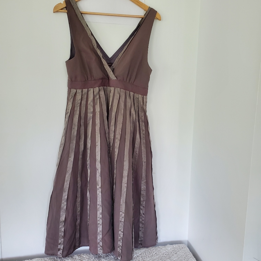 ANTHROPOLOGIE HAZEL Sz L Brown Sleeveless A-line Midi Dress Satin Ribbon Stripes